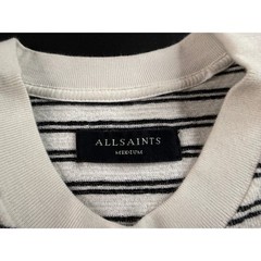 AllSaints London Striped Textured Logo T-Shirt Mens Medium White Black Slub Tee