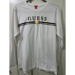 GUESS Mens White Long Sleeve Graphic Logo Tee Shirt Gold Foil Navy Stripe M Y2K