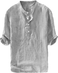 Men’s Casual Linen Cotton 3/4 Sleeve Henley T-Shirt – Lightweight Summer Top
