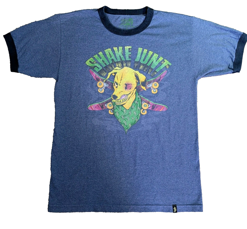 Vintage SHAKE JUNT Ringer T Shirt Heather Blue Large Baker Deathwish Skateboards