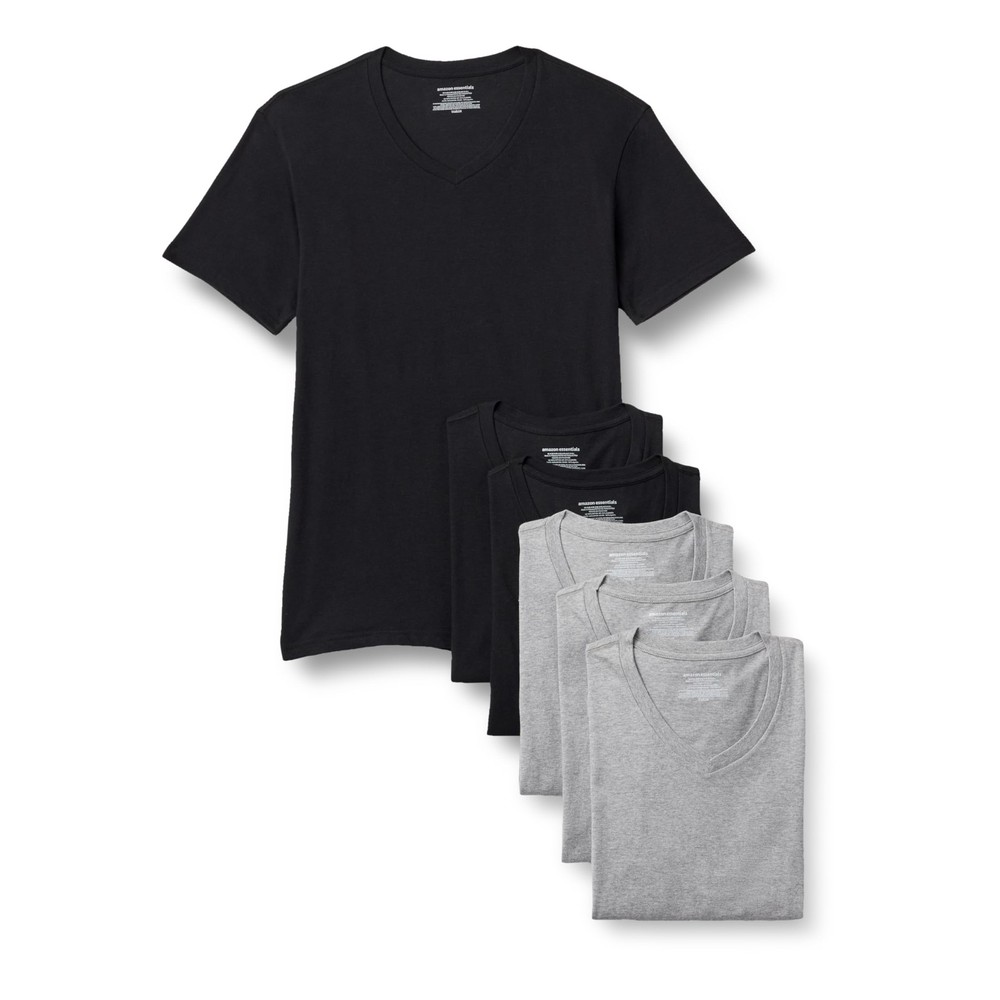 6Pack Mens Short Sleeves 100% Cotton V-Neck Undershirt,Medium Black/Grey Heather
