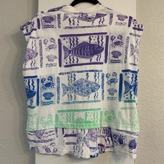 Vtg 80s 90s Surf T Shirt All Over Block Print Fish Sleeveless One Size Yes U.S.