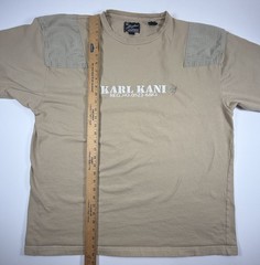 Vintage Karl Kani Men’s T-Shirt Size 2XL Tan Beige Hip Hop Shoulder Patches Y2K