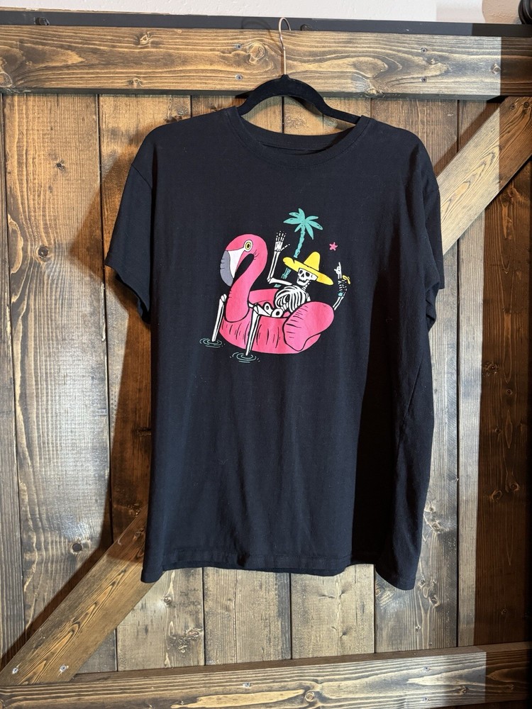 Brisco Brands Funny Skeleton on Pink Flamingo Floatie T-Shirt Adult size Large