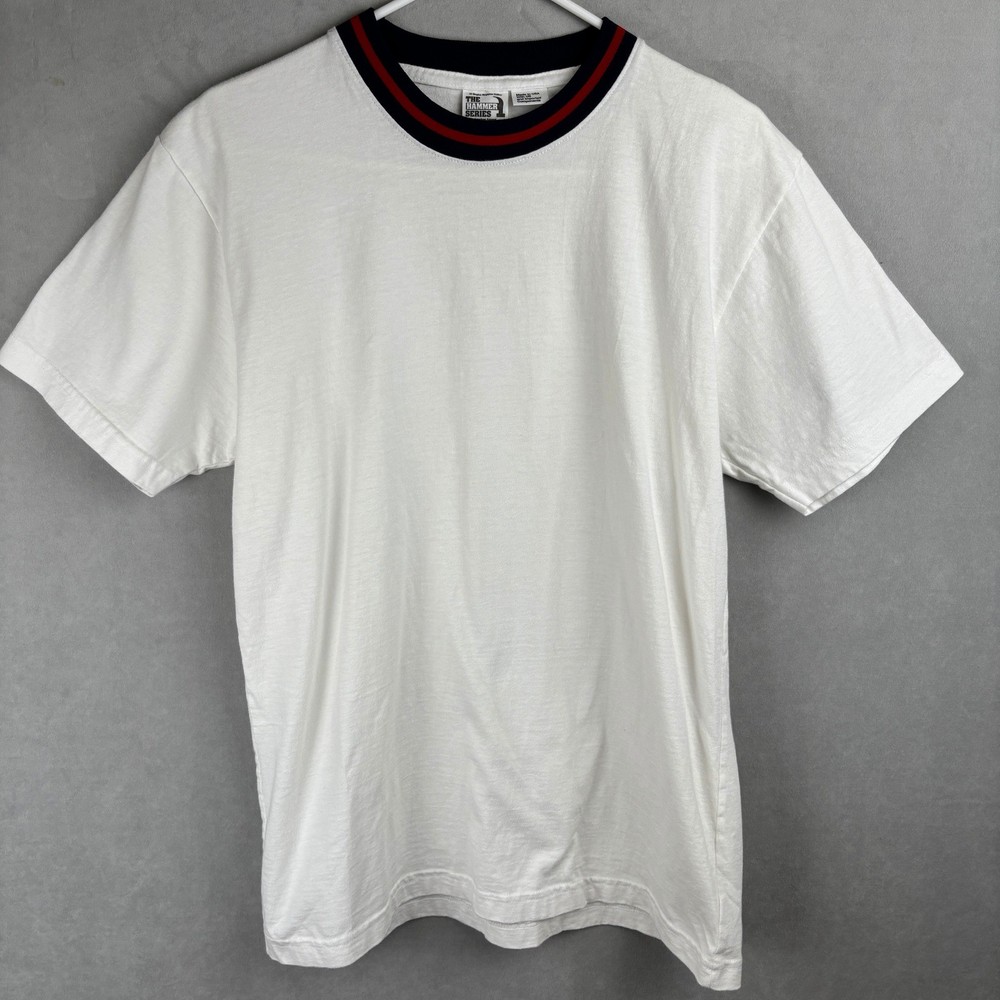 American Apparel Hammer Series Mens M White Ringer T-Shirt Navy Red USA Made