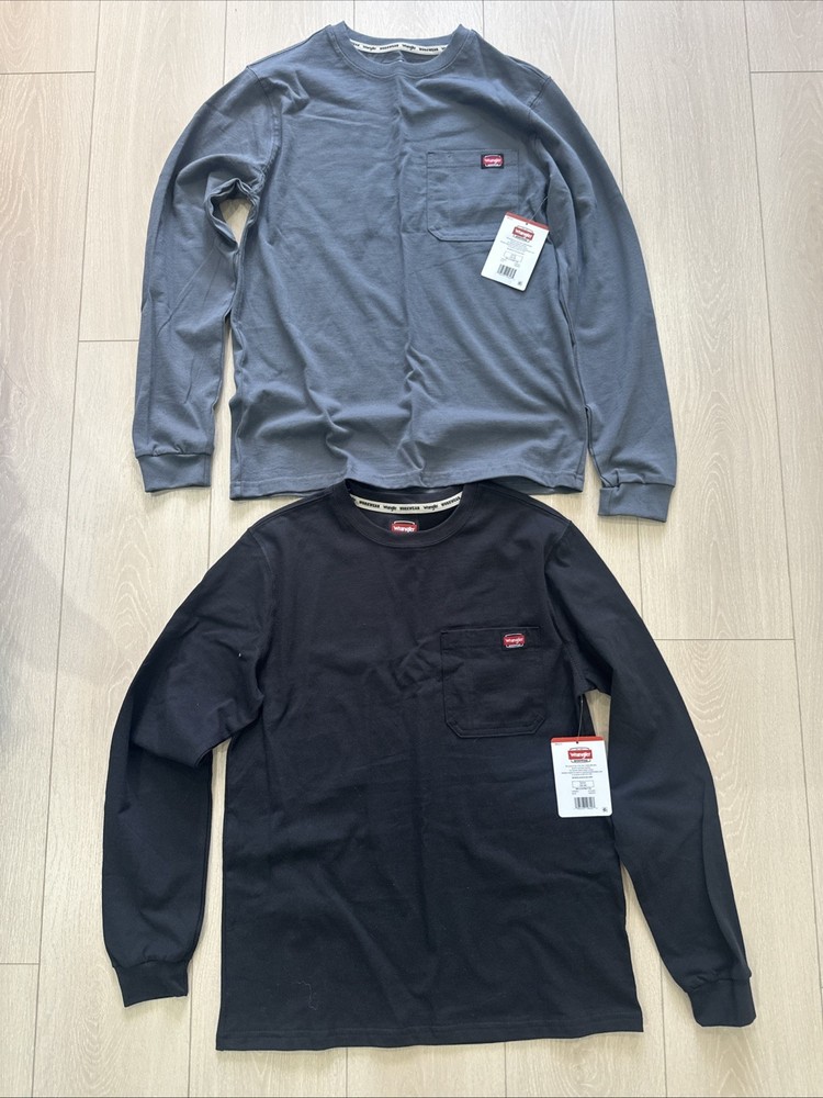 2 WRANGLER MENS Sz S (34-36) WORKWEAR Crew SHIRT Long SLEEVE POCKET Black, Gray