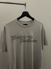 Vintage 00s Harley Davidson Old English Spellout Logo Flame Shirt Large Gray 07