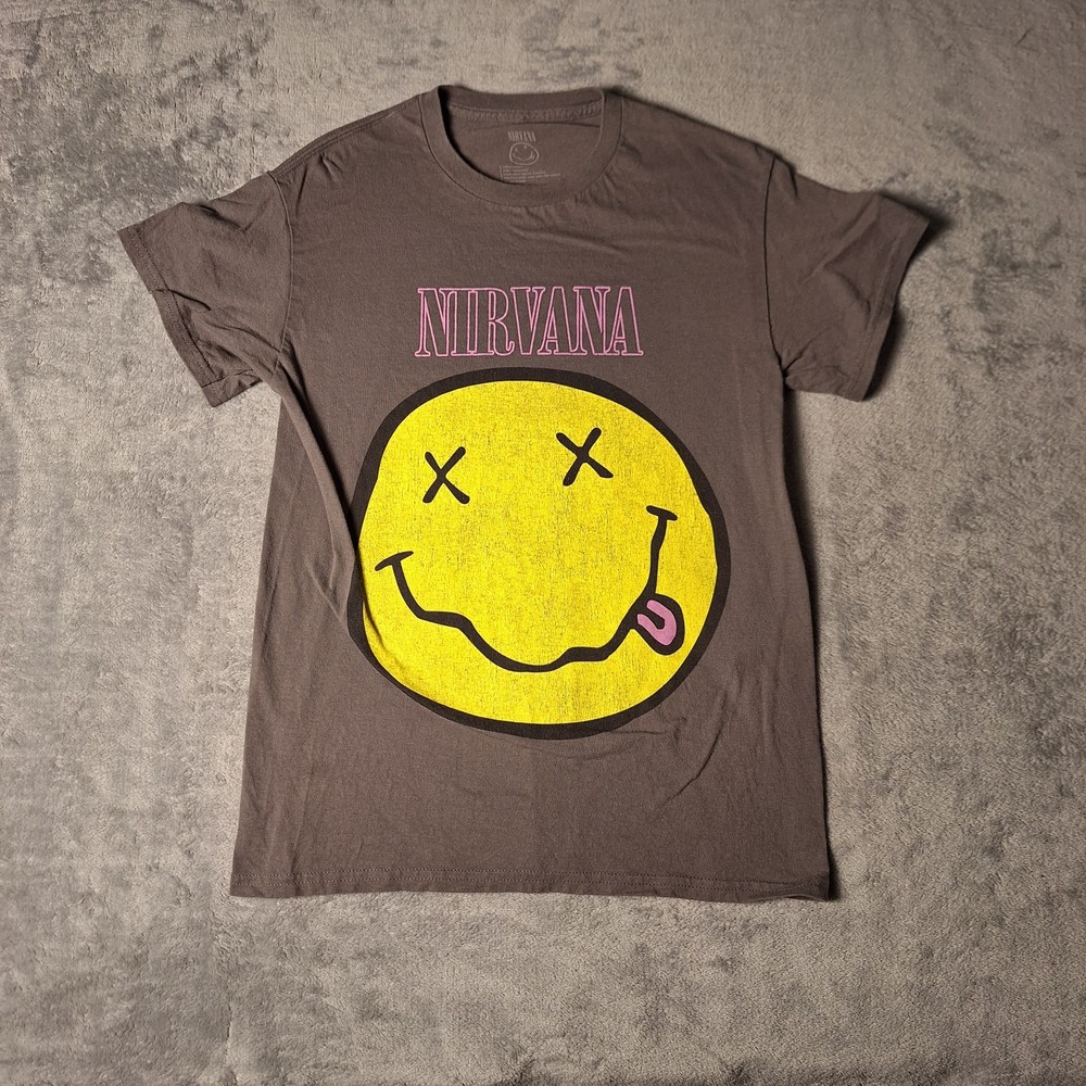 Nirvana Smiley Face Graphic Tee Gray Small Short Sleeve Band T-Shirt