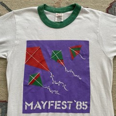 Vintage 80s Ringer T Shirt Small Mayfest 1985 White Green Stedman Kite