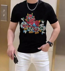 New Men Luxury Rhinestones Gothic Fashion Skull Black WhiteT-Shirt High Quality