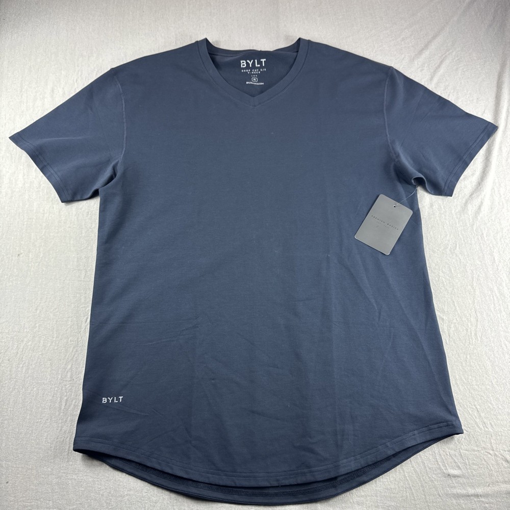Bylt Drop Cut V-Neck Mens XL Navy Blue Short Sleeve Performance Stretch Gym NEW