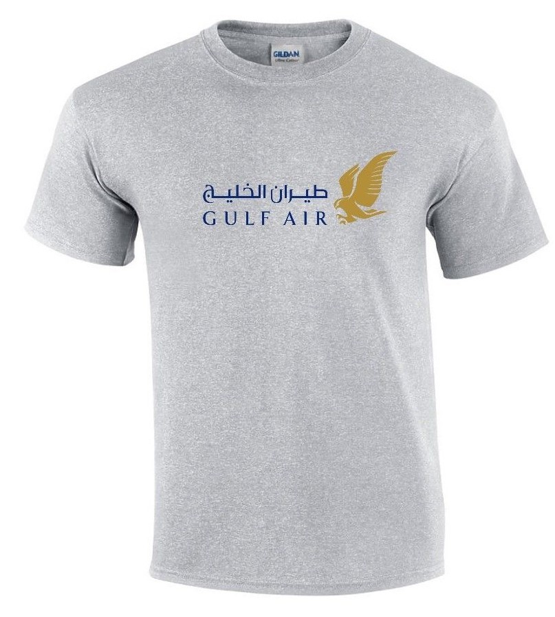 Gulf Air Gold Blue Logo Bahrain Airline Sport Gray Cotton T-shirt