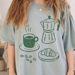 Coffee and Croissant Graphic Tee Hand-Drawn Sketch Art