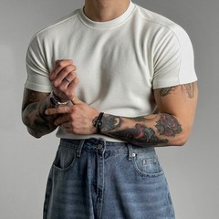 Men Short Sleeve Ribbed T-Shirt Small High Collar for Fitness Training Gym Wear