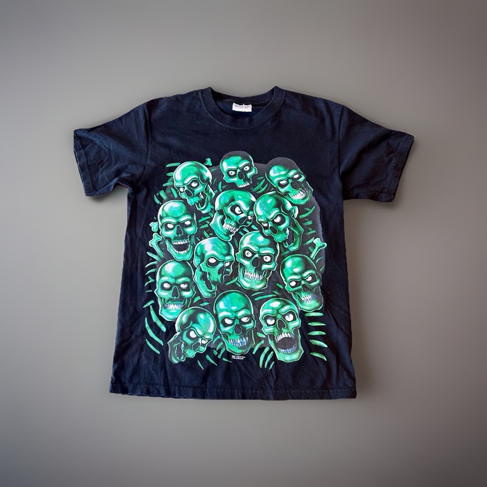 Vintage Liquid Blue Glow In Dark Skull Pile T-Shirt on Port & Co Blank 2007