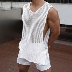 Men Sexy Hollow Out Tank Tops Openwork Side Lace Up Vest Casual Baggy Vest Basic