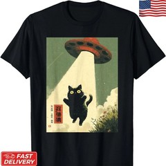 Japanese Alien Cat UFO Abduction T-Shirt Funny Cat Dad Graphic Unisex Tee