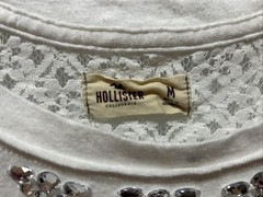 Hollister Women’s Long Sleeve Lacey Rhinestone Sheer White Shirt Gorgeous Size M