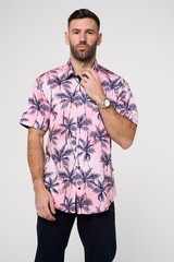 KAM Short Sleeve Palm Print Shirt For Men in Pink, 2XL-8XL