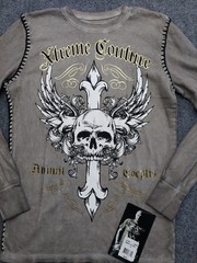Affliction Xtreme Couture Shirt Men Small Brown Thermal Long Sleeve Skull Cross