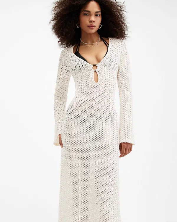 All Saints Womens Karma Crochet Maxi Dress Designer Chalk Slim Fit Long Sleeve