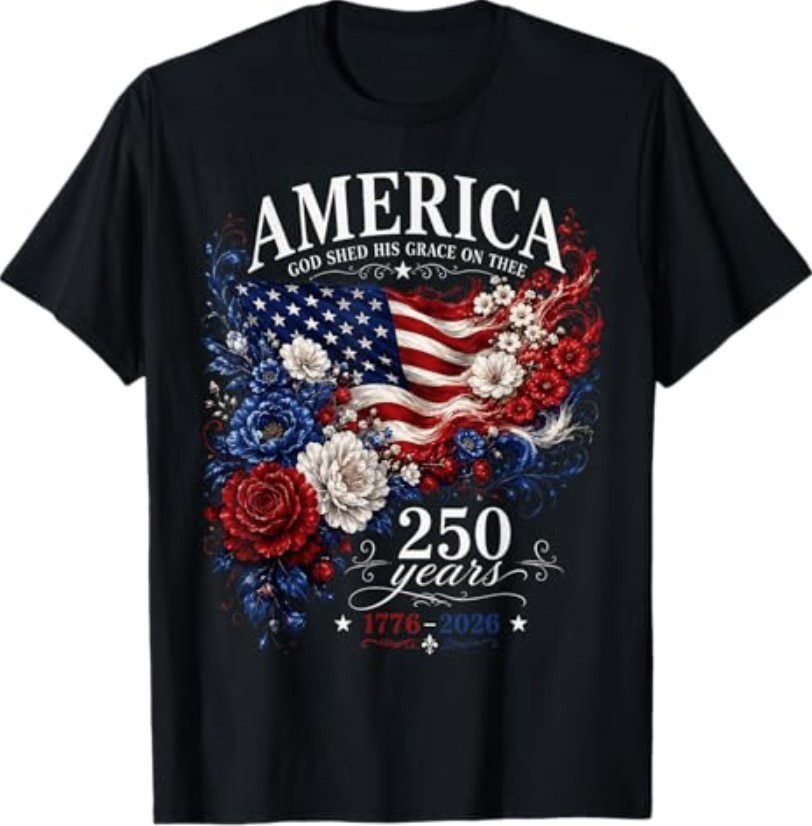 America Flag Floral 250 Years 4th July for Women Girl T-Shirt