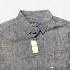 NWT Eddie Bauer 100% Linen Solid Blue/Gray Short Sleeve Button Up Size L