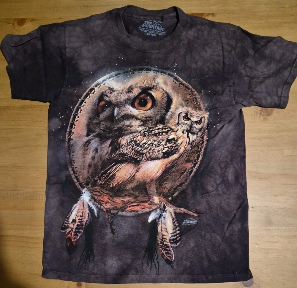 The Mountain Great Horned Owl T Shirt Tie Dye Brown Graphic Tee Small Cotton