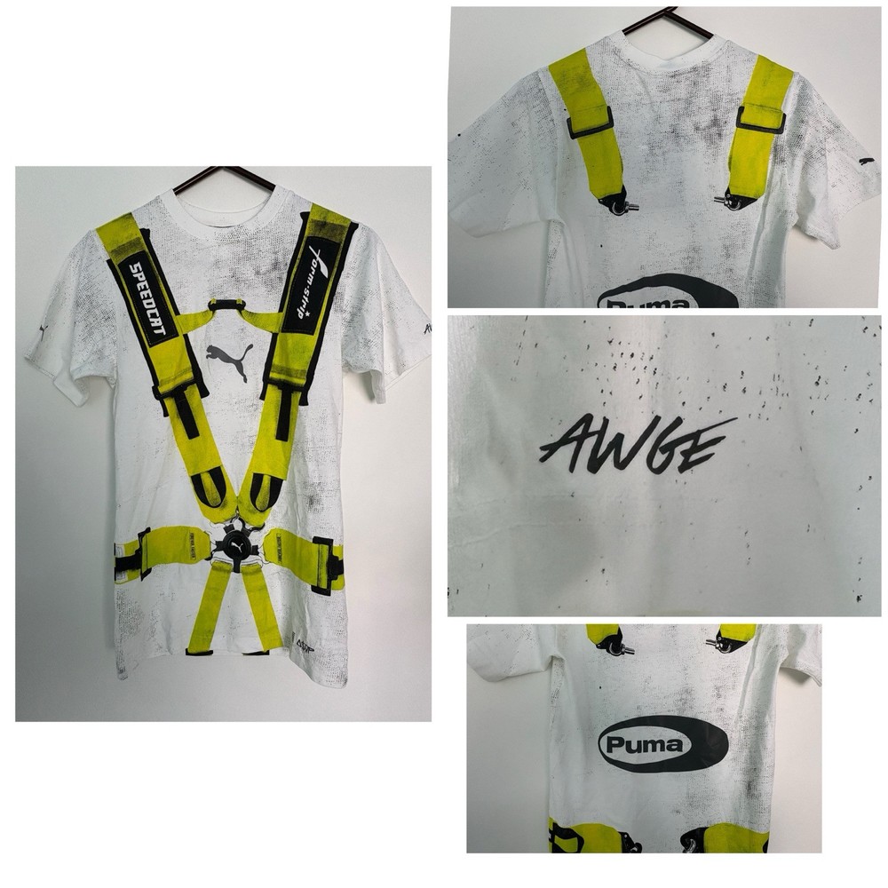 Puma A$Ap Rocky Distressed Seat Belt Graphic White Lime Green T Shirt SAMPLE XXS