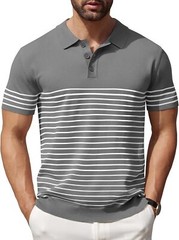 Men’s Striped Knit Polo Shirt Lightweight Short Sleeve Casual Collared Golf Tee