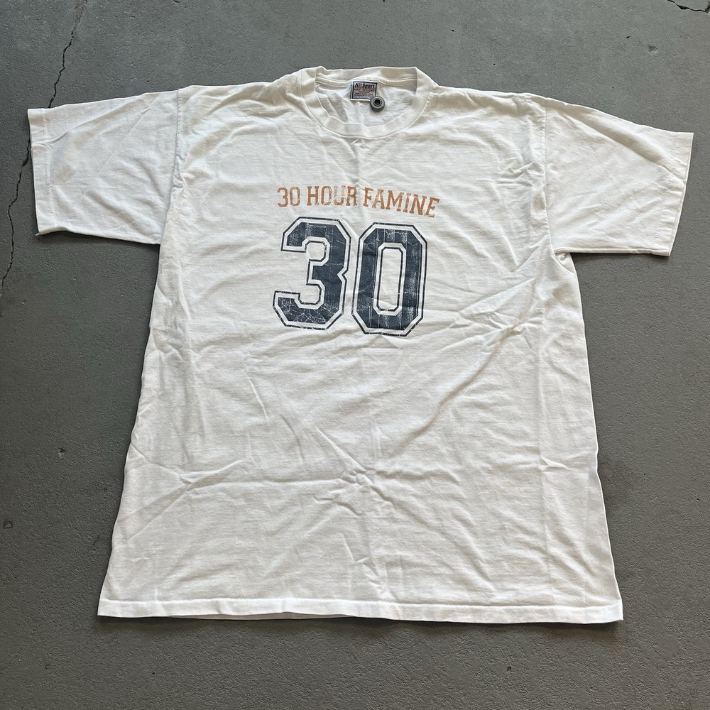 Vintage 30 Hour Famine Graphic T Shirt Charity Event White Tee Size XL Large