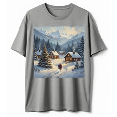 Cozy Winter Village T-Shirt Christmas Log Cabin Snow Scene Mountain Holiday Art