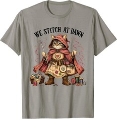 We Stitch At Dawn Funny Sewing Quilting Cat T-Shirt S-3XL