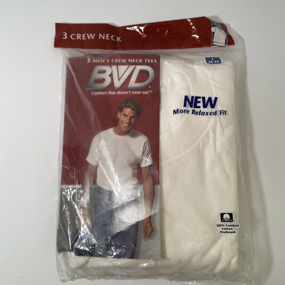 Vintage BVD T Shirts White Crew Neck Size L Preshrunk Cotton New Old Stock