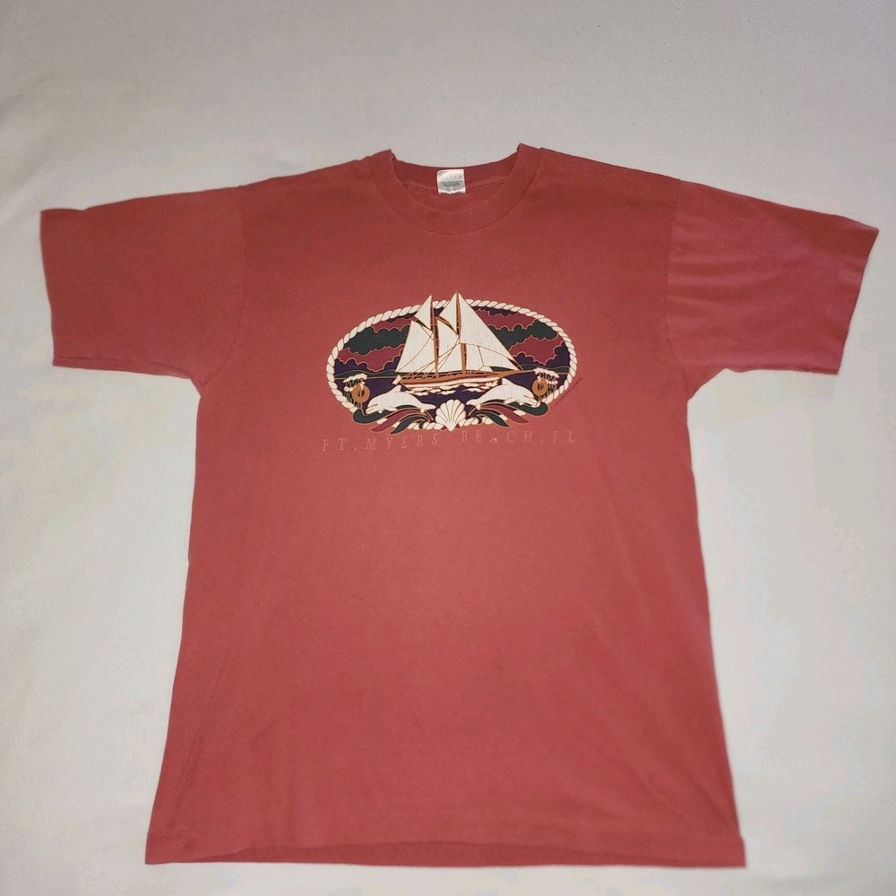 Vintage 90s Fort Myers Beach Fits Mens Large Fits Medium Sail Boat Ship Dolphin