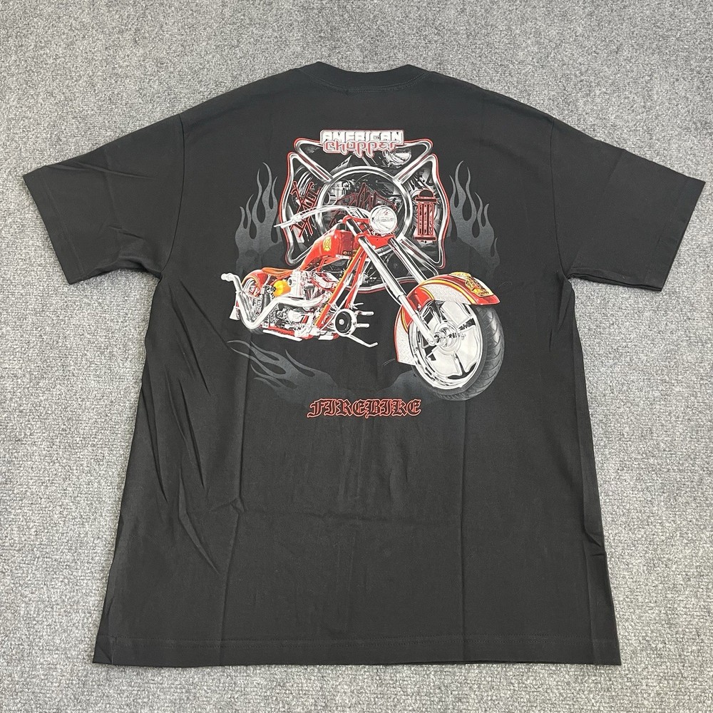 VTG American Choppers Discovery Channel T- Shirt Motorcycle Grunge Flames L Y2K