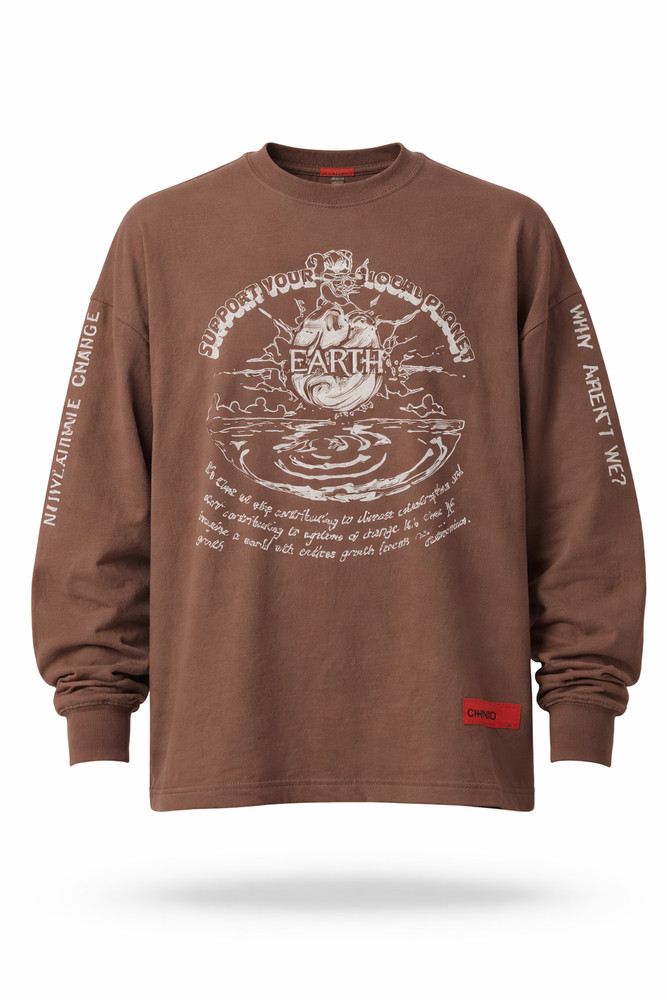 CHNGE Men’s Support Earth Casual Crew Neck Cuff Long Sleeve T-Shirt, Brown, XL