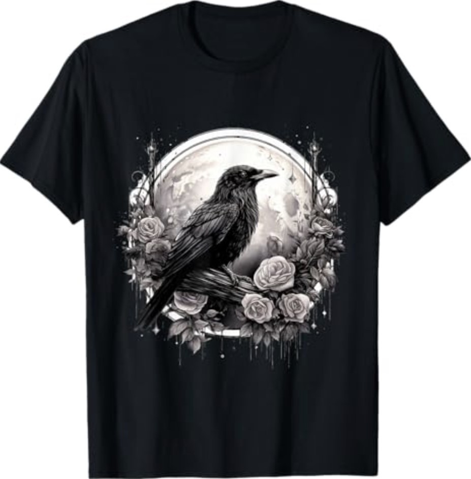Raven Full Moon Gothic Witchy Crow Roses Mystical T-Shirt