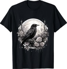 Raven Full Moon Gothic Witchy Crow Roses Mystical T-Shirt