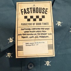 FASTHOUSE MENS LARGE SMS JASPER SS BUTTON-UP SHIRT SKULLS VINTAGE BLUE