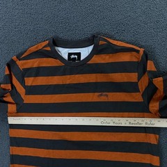 Stussy T-Shirt Mens Medium Gray Orange Wide Stripe Crewneck Logo Long Sleeve