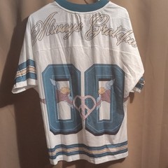 White/Teal Mesh Polyester V-Neck Graphic Print Short Sleeve T-Shirt XS