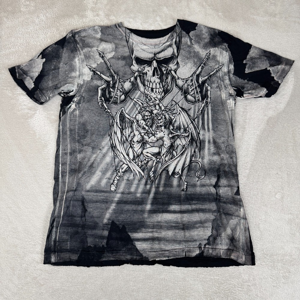 VTG Y2K Affliction Puppet Master God Vs Devil Demon Shirt Mens XL Black Preowned