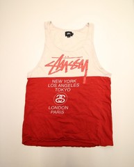Stussy World Tour Tank Top T-Shirt M 40″ Chest READ Bleached Spots Hole Cracking