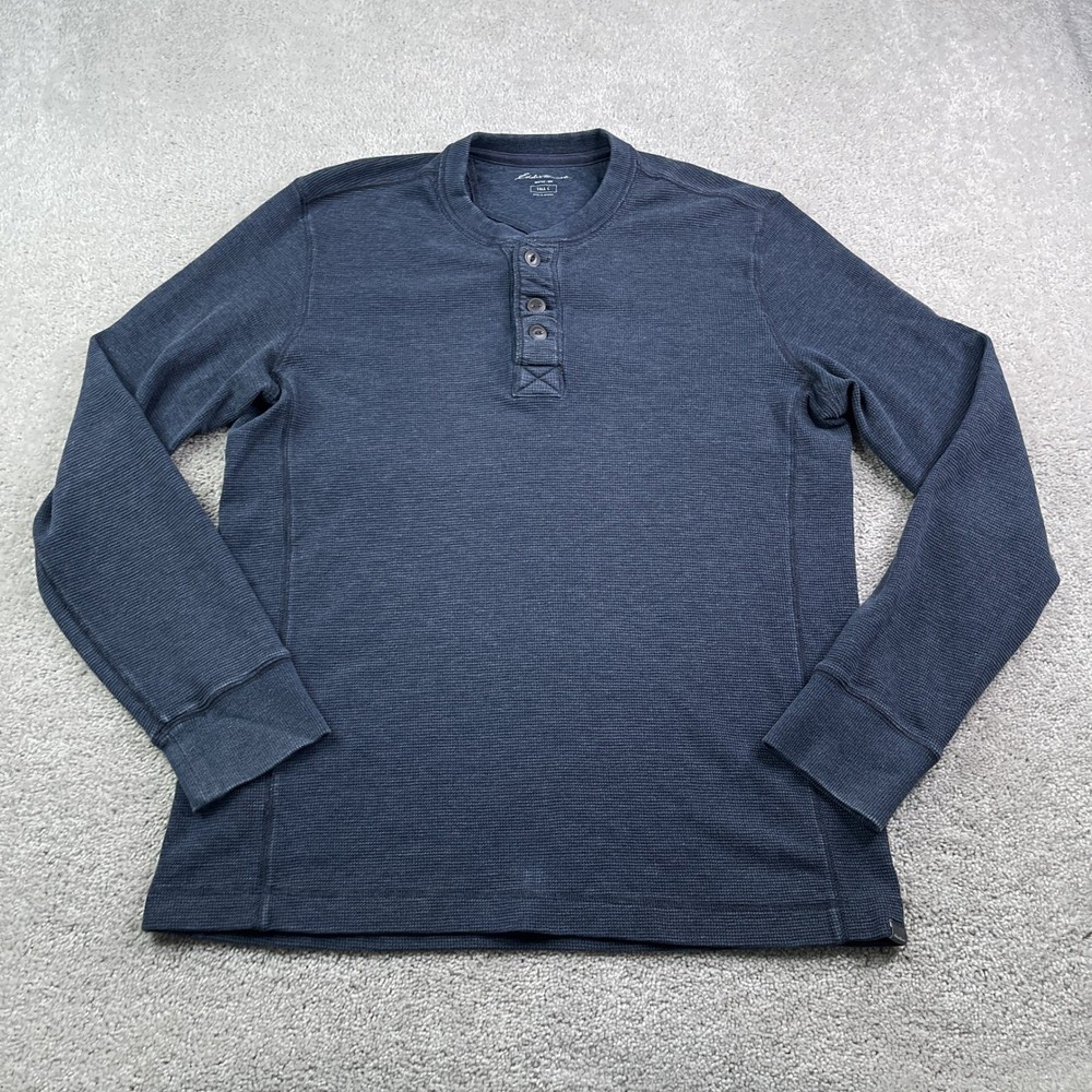 Eddie Bauer Shirt Mens Large Tall Blue Henley Waffle Knit Long Sleeve Thermal