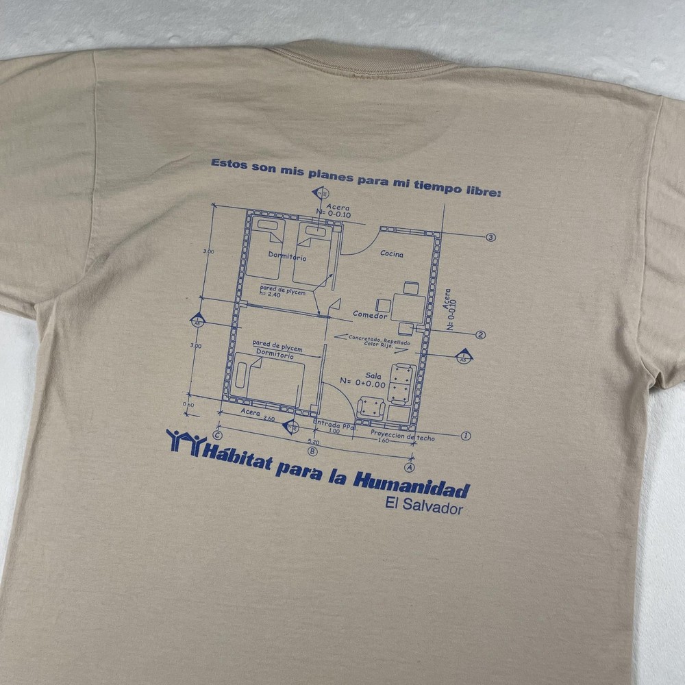 Vtg 80s Habitat For Humanity Tee L Beige El Salvador Floorplan Blueprint Art USA