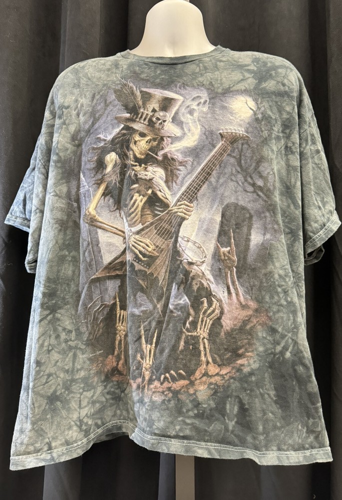 Vintage AOP SKELETON PLAYING GUITAR T-SHIRT GRAY TIE-DYE JAMES RYMAN SKULBONE