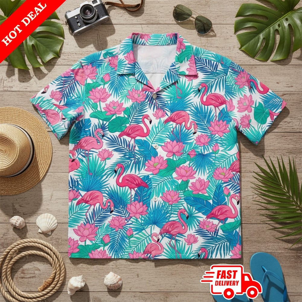 Pink Flamingo Hawaiian Shirt | Lotus Flower Summer Beach Button Down