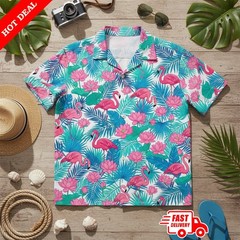 Pink Flamingo Hawaiian Shirt | Lotus Flower Summer Beach Button Down