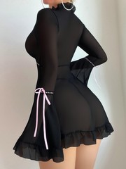 Women’s 2 Piece Babydoll Bow Lingerie Set Sheer Mesh Ruffle Long Sleeve Dress…
